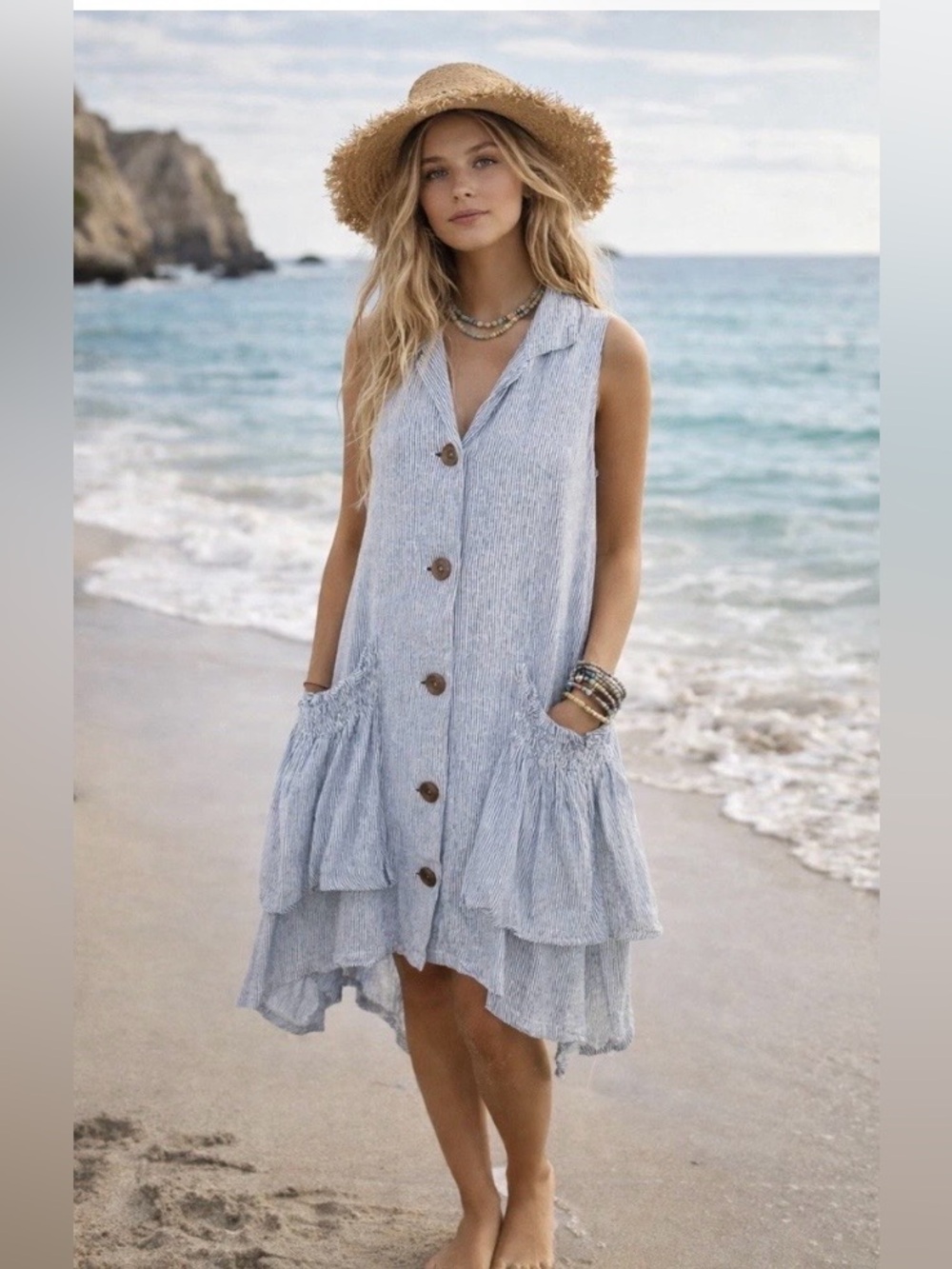 For Cynthia blue white pinstripe sleeveless linen blend dress front pocket SZ L